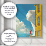 Whimsical Giant White Cat Girl Balcony Fantasy Illustration Canvas Wall Art Print Decor Picture Ready to Hang
