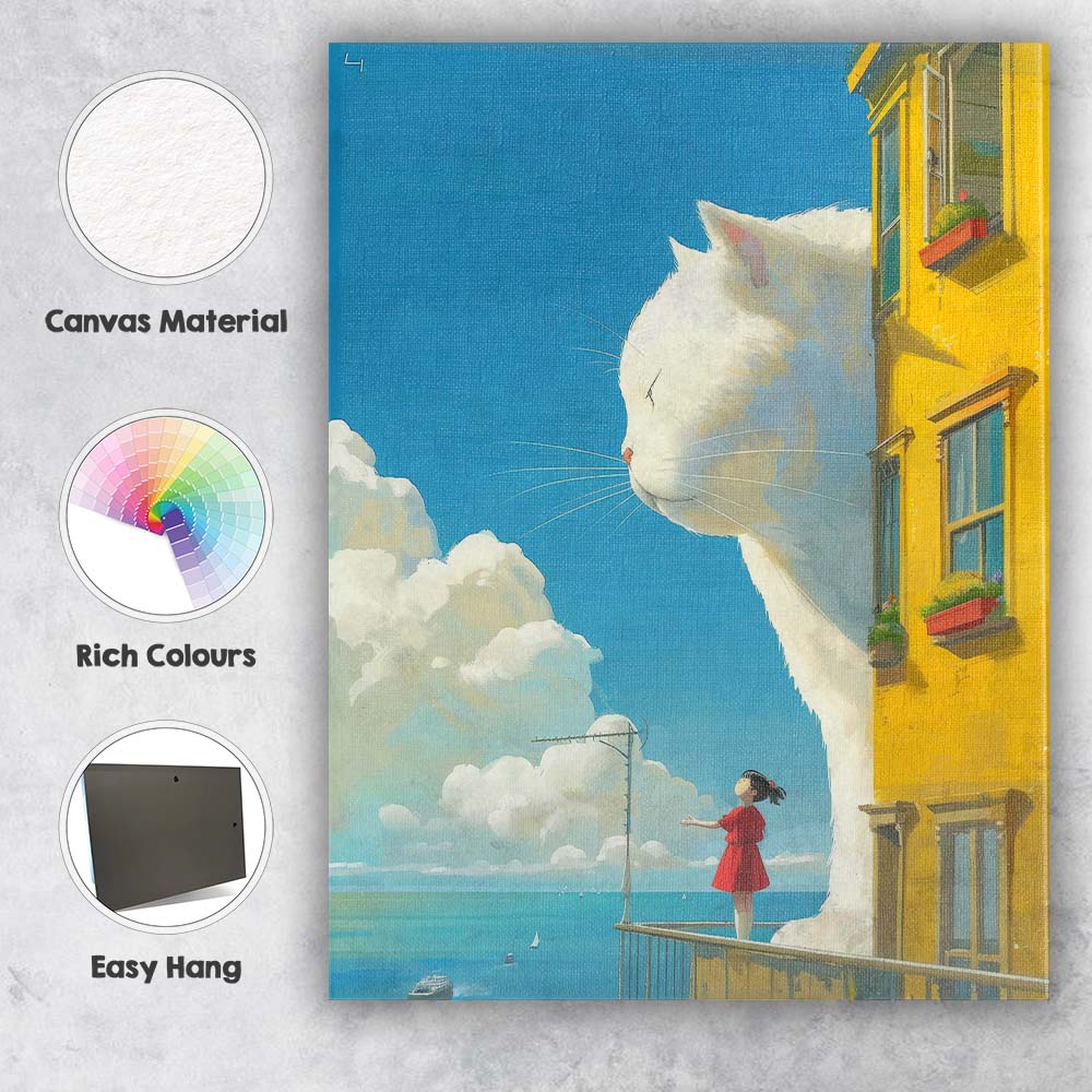 Whimsical Giant White Cat Girl Balcony Fantasy Illustration Canvas Wall Art Print Decor Picture Ready to Hang