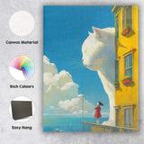 Whimsical Giant White Cat Girl Balcony Fantasy Illustration Canvas Wall Art Print Decor Picture Ready to Hang
