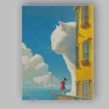 Whimsical Giant White Cat Girl Balcony Fantasy Illustration Canvas Wall Art Print Decor Picture Ready to Hang