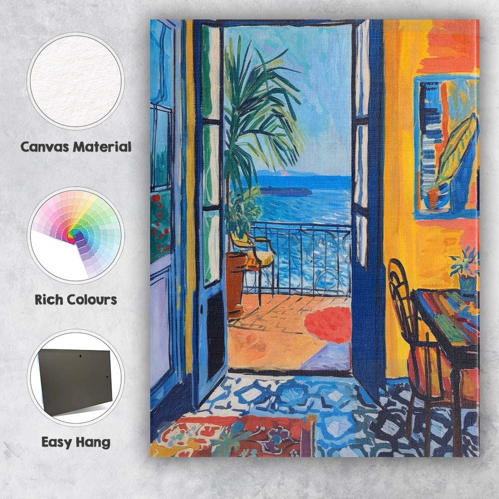 Mediterranean Coastal Interior Open Window Seascape Painting Canvas Wall Art Print Decor Picture Ready to Hang