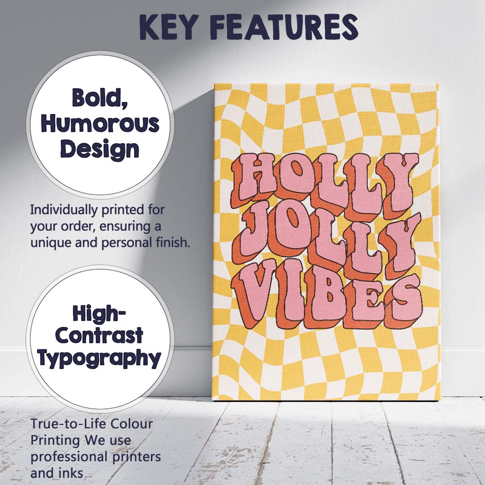 Retro Holly Jolly Vibes Typography Checkerboard Illustration Canvas Wall Art Print Decor Picture Ready to Hang