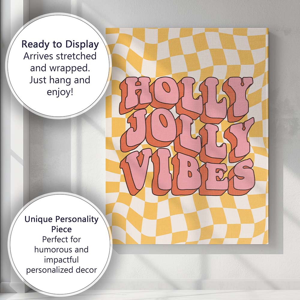 Retro Holly Jolly Vibes Typography Checkerboard Illustration Canvas Wall Art Print Decor Picture Ready to Hang