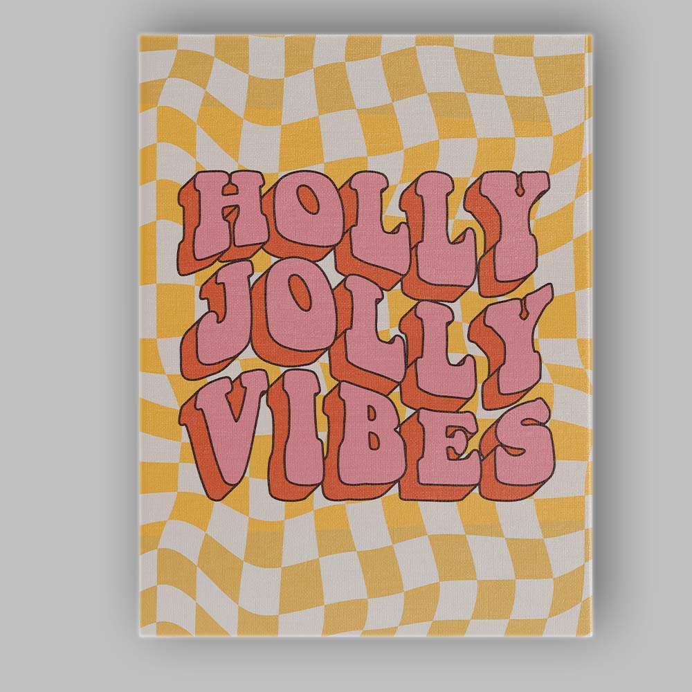 Retro Holly Jolly Vibes Typography Checkerboard Illustration Canvas Wall Art Print Decor Picture Ready to Hang