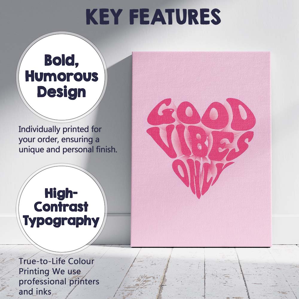 Pink Good Vibes Only Retro Typography Heart Canvas Wall Art Print Decor Picture Ready to Hang