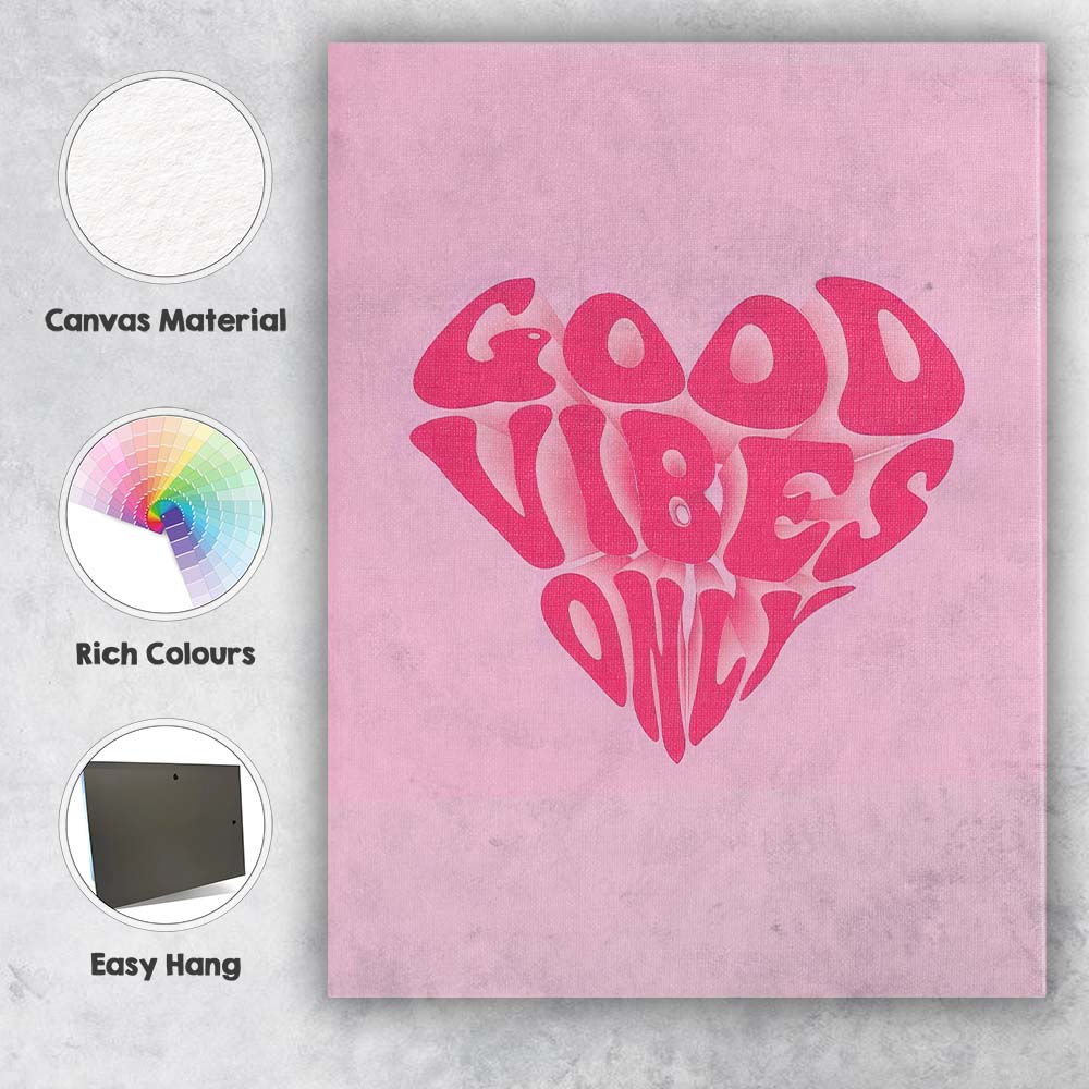 Pink Good Vibes Only Retro Typography Heart Canvas Wall Art Print Decor Picture Ready to Hang