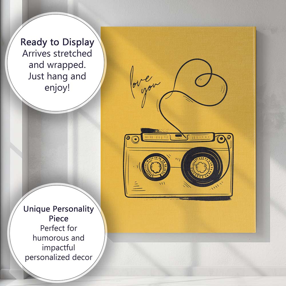 Mustard Yellow Love You Cassette Tape Line Art Canvas Wall Art Print Decor Picture Ready to Hang