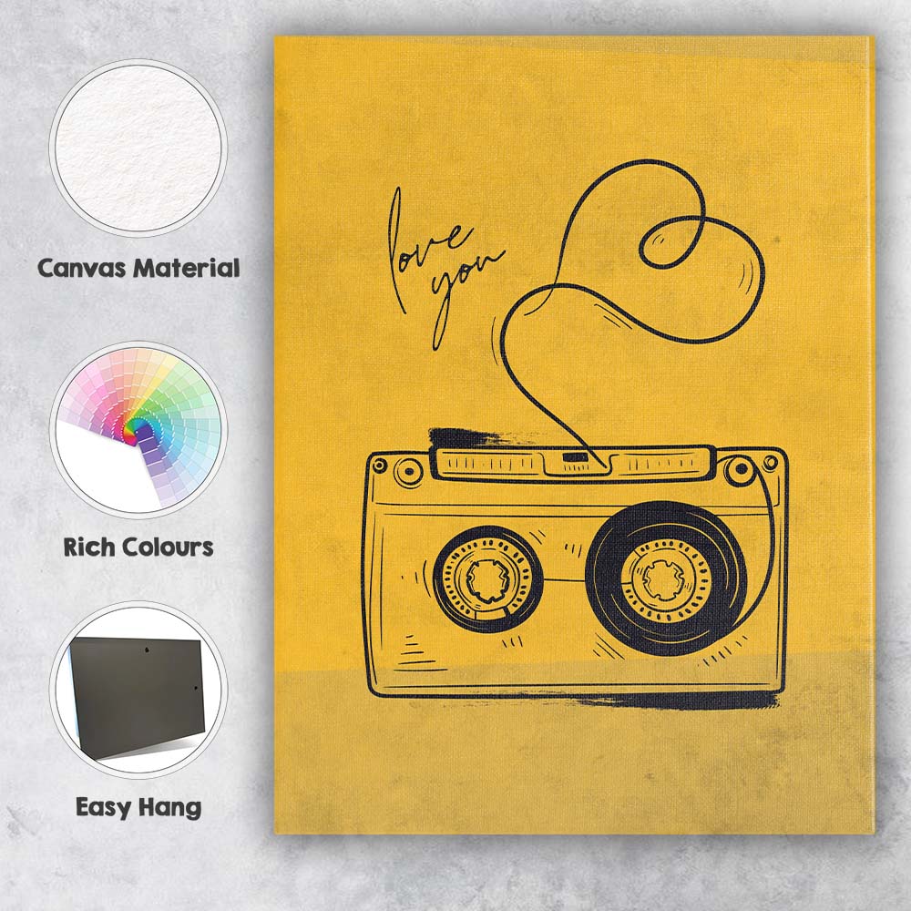 Mustard Yellow Love You Cassette Tape Line Art Canvas Wall Art Print Decor Picture Ready to Hang