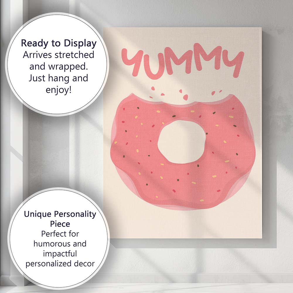 Pink Frosted Donut Yummy Sweet Treat Illustration Canvas Wall Art Print Decor Picture Ready to Hang