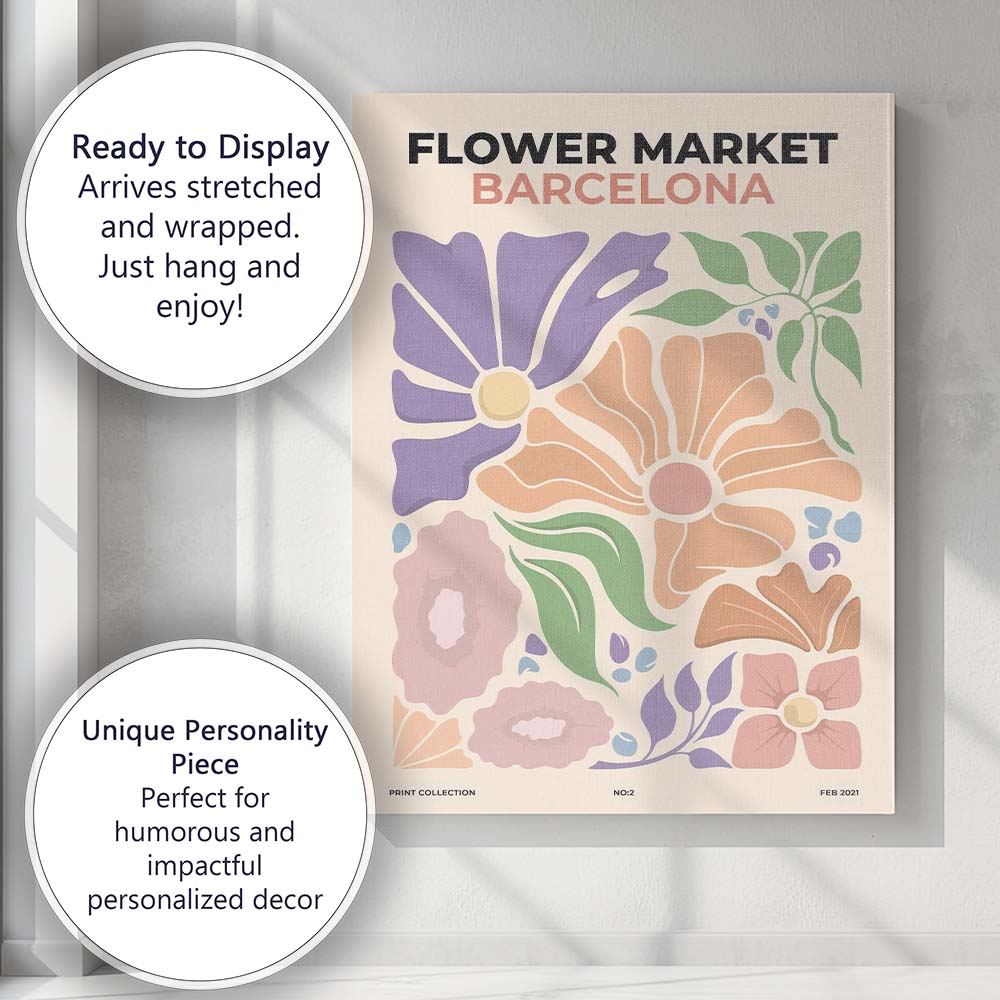 Barcelona Flower Market Retro Botanical Floral Poster Canvas Wall Art Print Decor Picture Ready to Hang