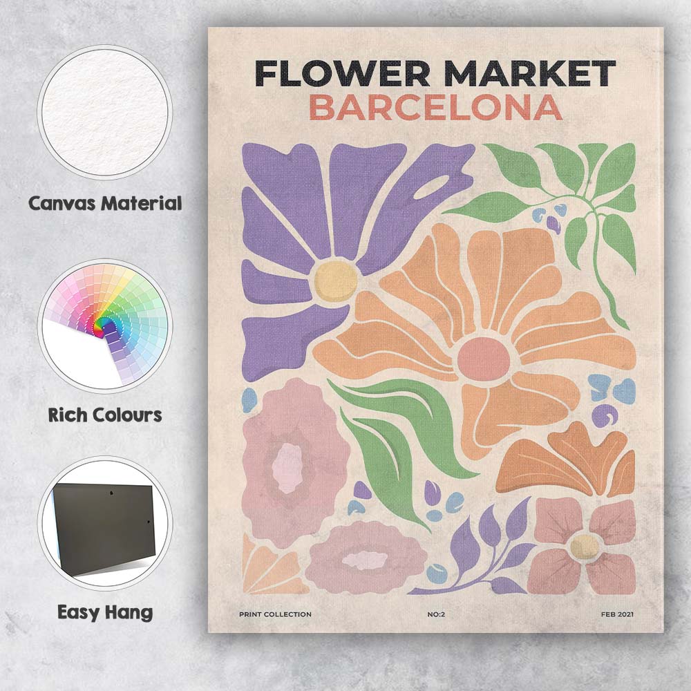 Barcelona Flower Market Retro Botanical Floral Poster Canvas Wall Art Print Decor Picture Ready to Hang