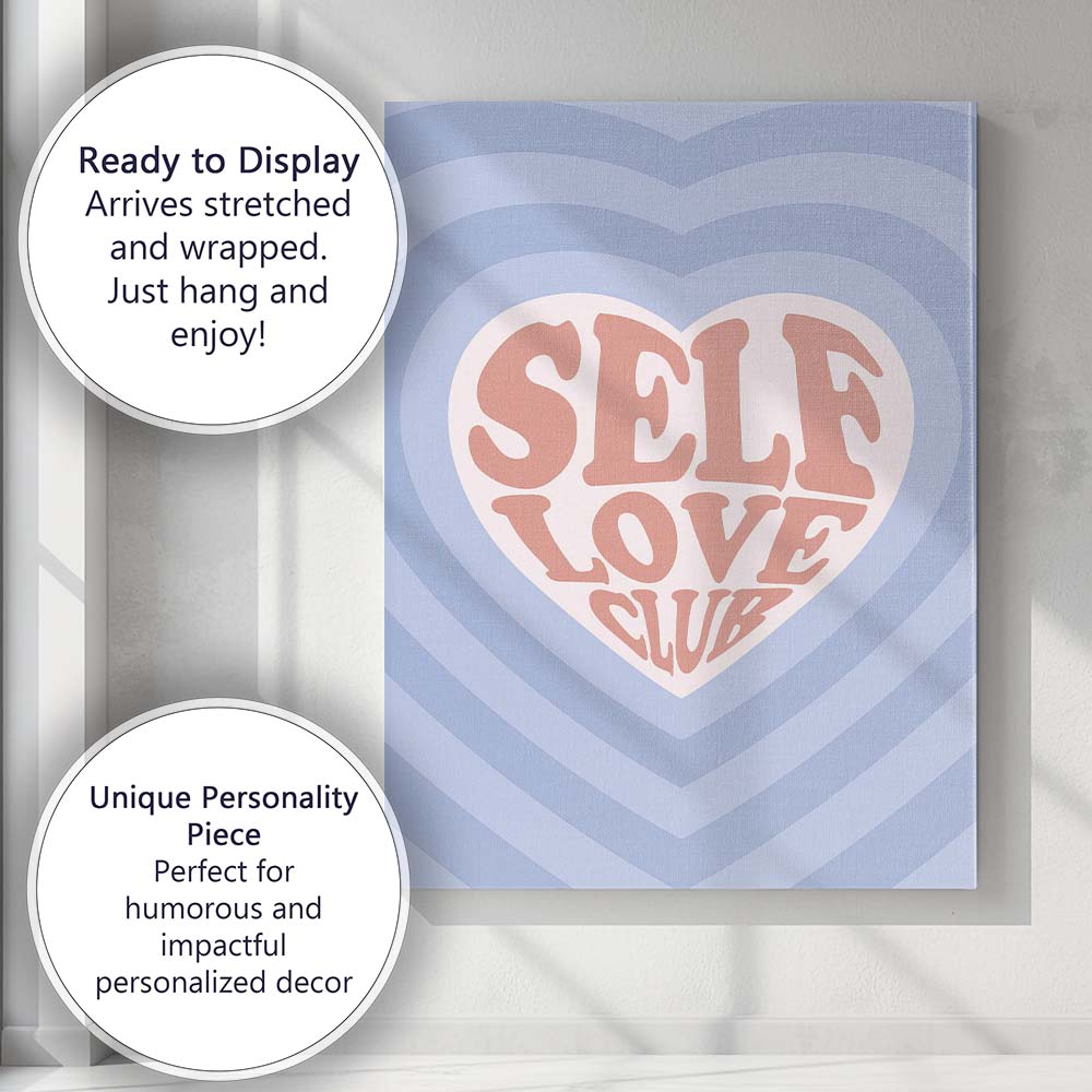 Blue Heart Self Love Retro Typography Illustration Canvas Wall Art Print Decor Picture Ready to Hang