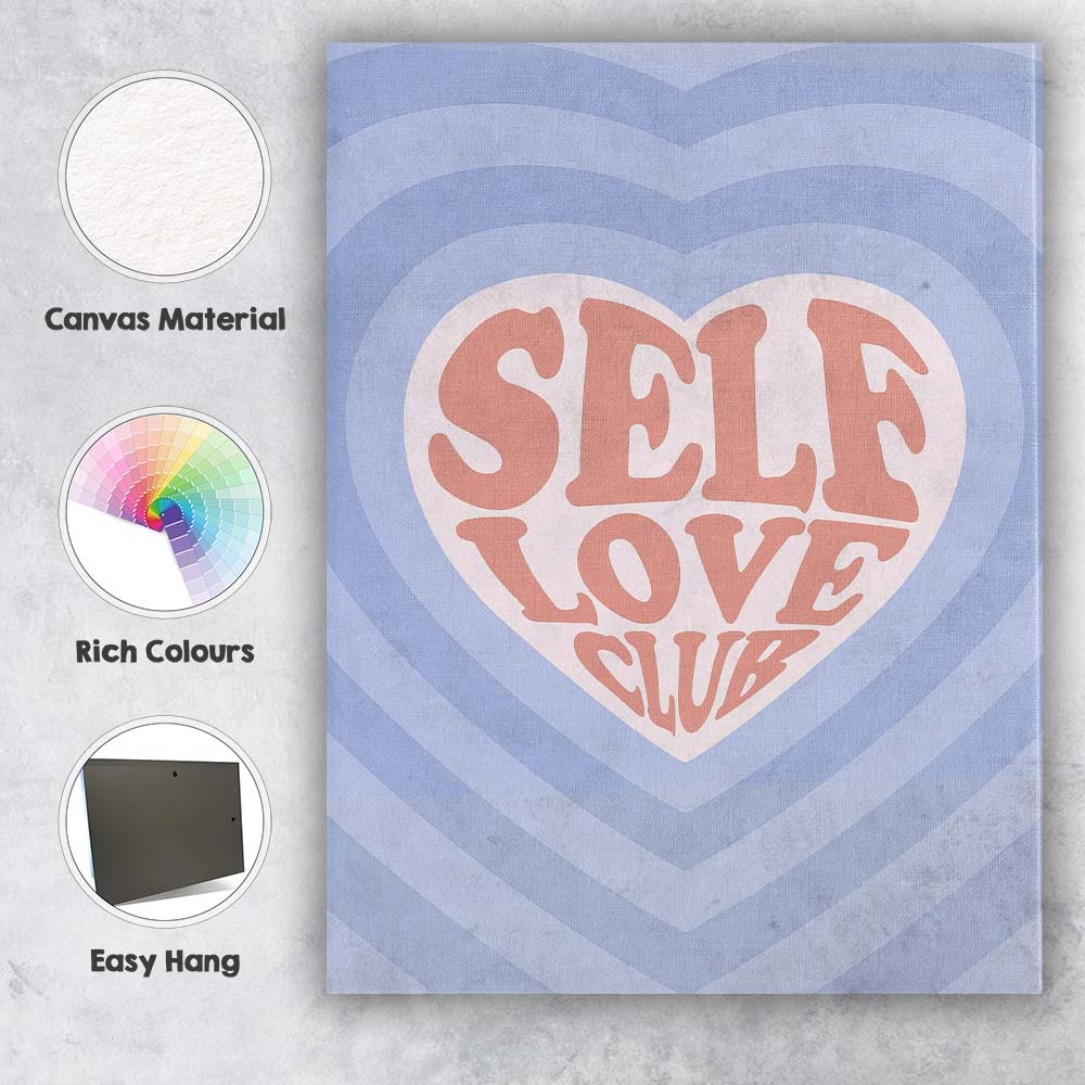 Blue Heart Self Love Retro Typography Illustration Canvas Wall Art Print Decor Picture Ready to Hang