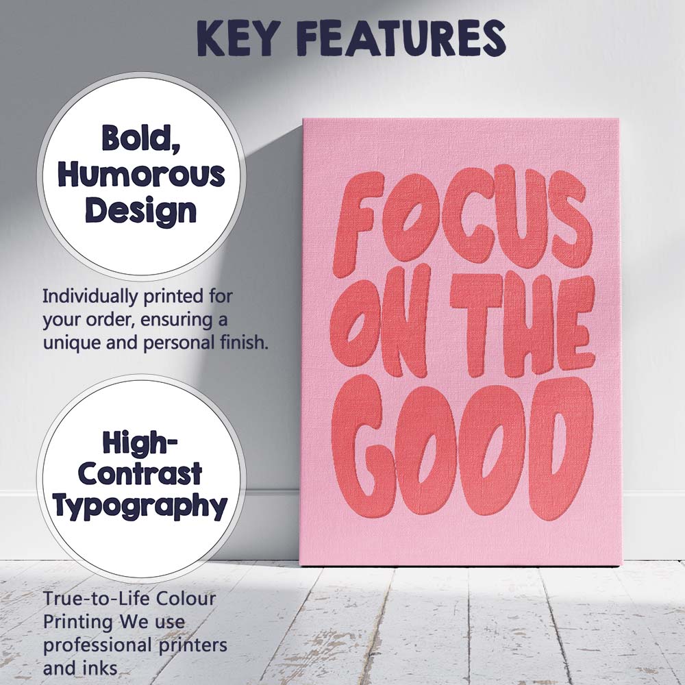 Coral Focus On The Good Motivational Typography Canvas Wall Art Print Decor Picture Ready to Hang