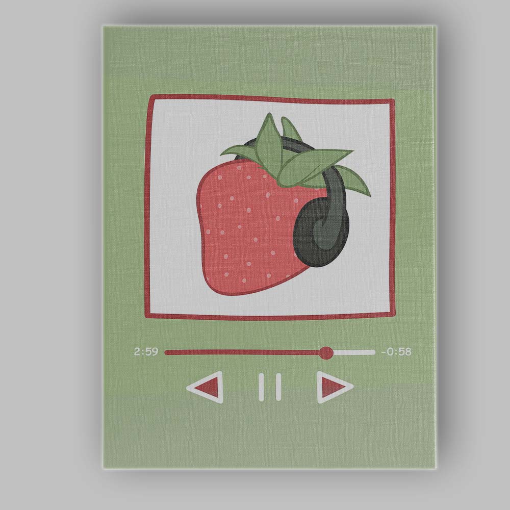 Cute Strawberry Music Player Headphones Whimsical Illustration Canvas Wall Art Print Decor Picture Ready to Hang