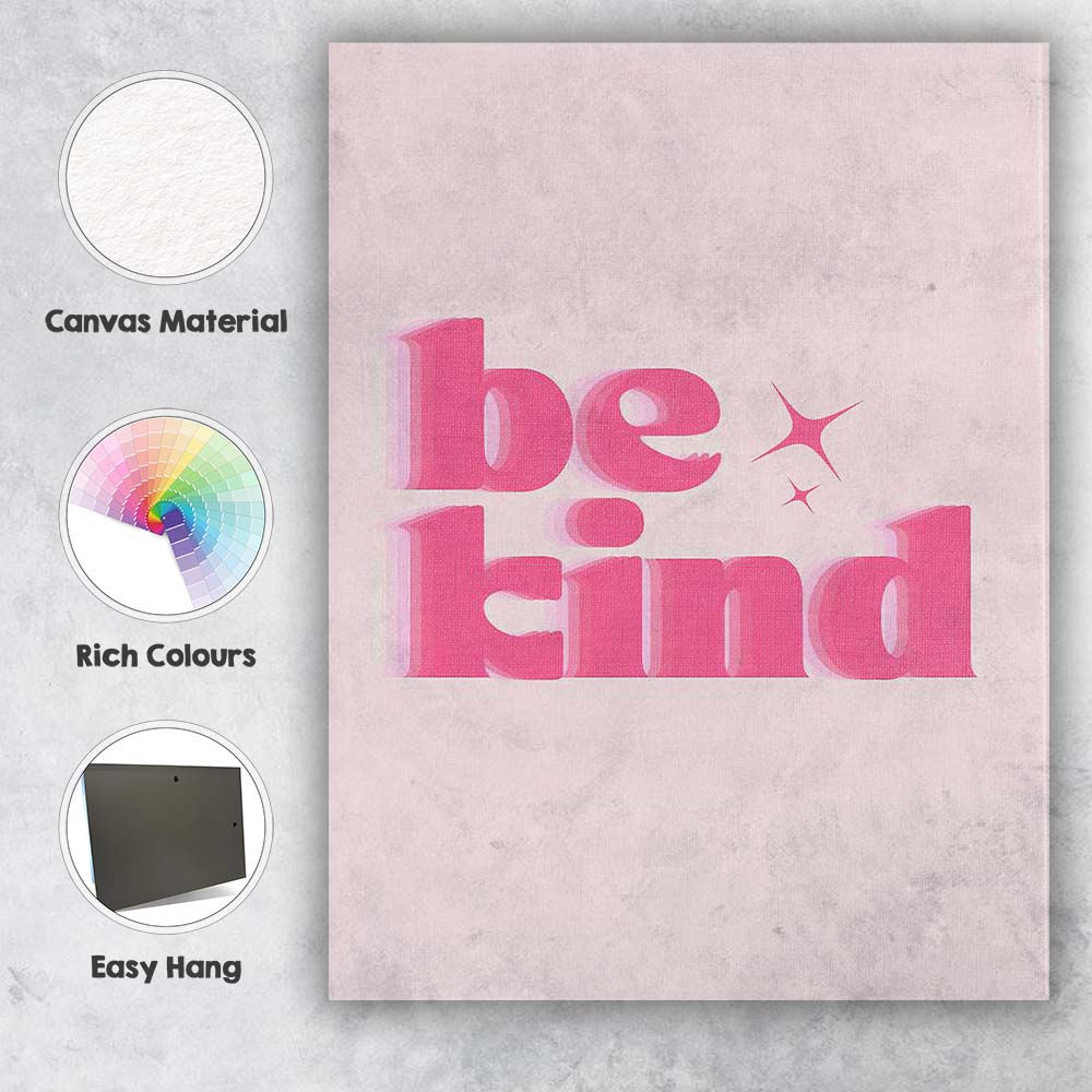 Be Kind Pink Retro Typography Positive Motivational Quote Canvas Wall Art Print Decor Picture Ready to Hang