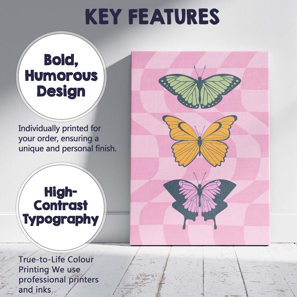 Colourful Butterfly Collection Pink Checkerboard Retro Canvas Wall Art Print Decor Picture Ready to Hang