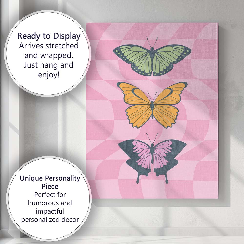 Colourful Butterfly Collection Pink Checkerboard Retro Canvas Wall Art Print Decor Picture Ready to Hang