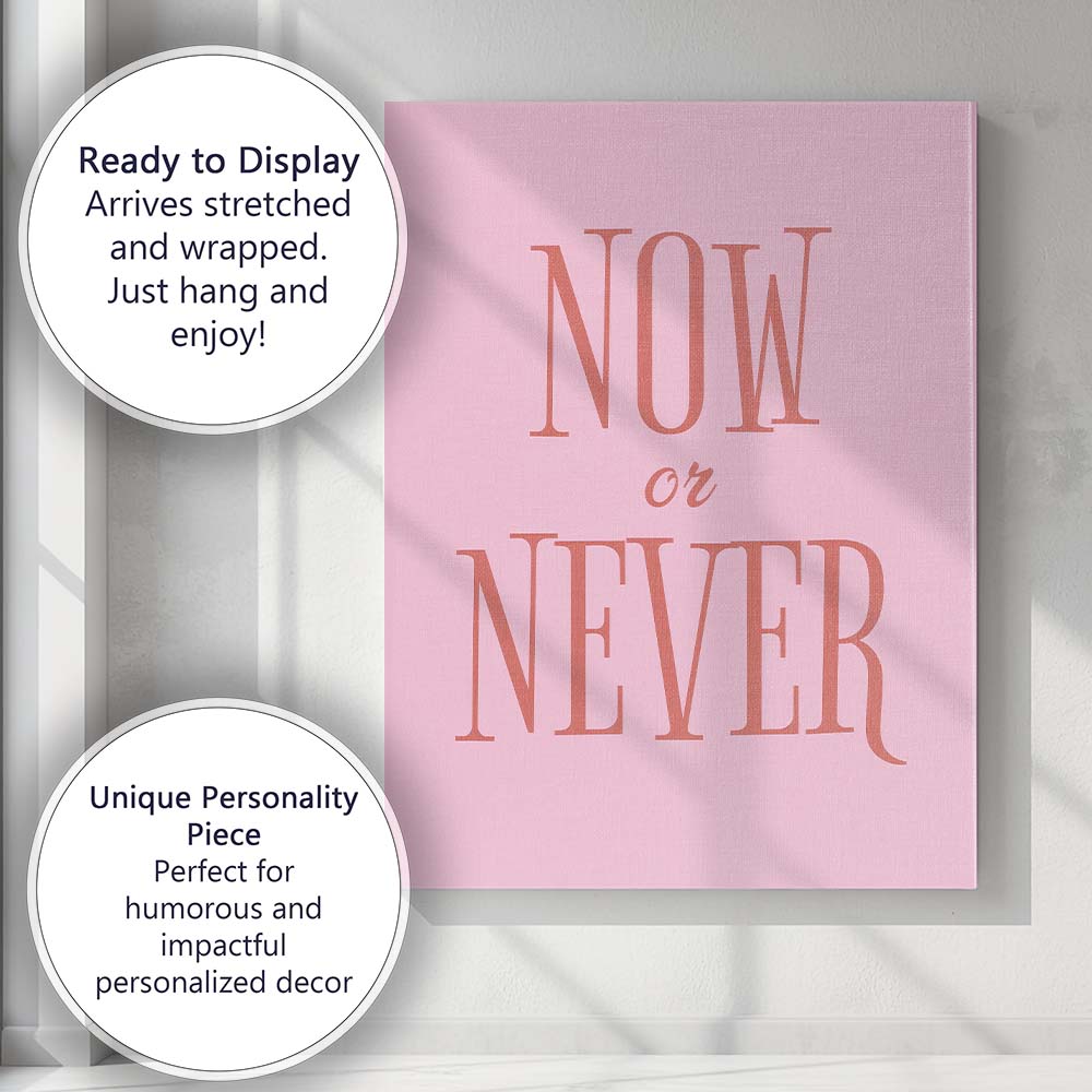 Minimalist Pink Now Or Never Inspirational Typography Canvas Wall Art Print Decor Picture Ready to Hang