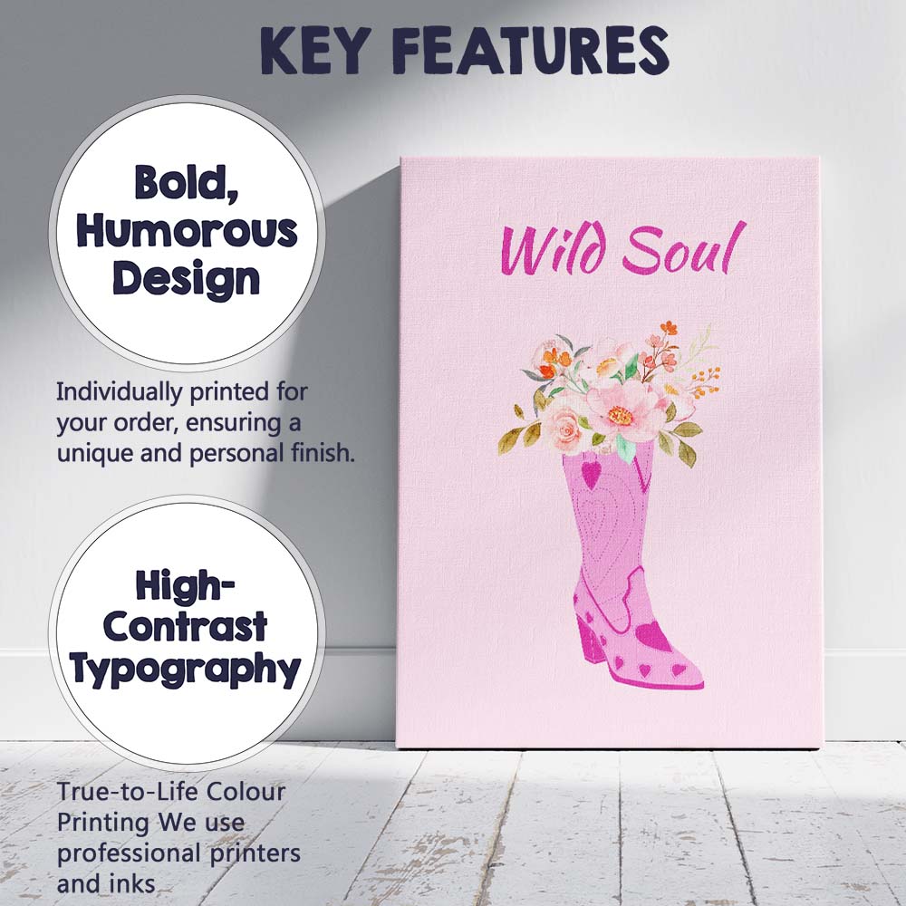 Wild Soul Pink Cowboy Boot Floral Watercolour Canvas Wall Art Print Decor Picture Ready to Hang