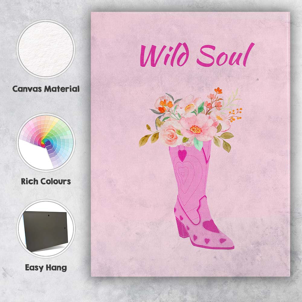 Wild Soul Pink Cowboy Boot Floral Watercolour Canvas Wall Art Print Decor Picture Ready to Hang