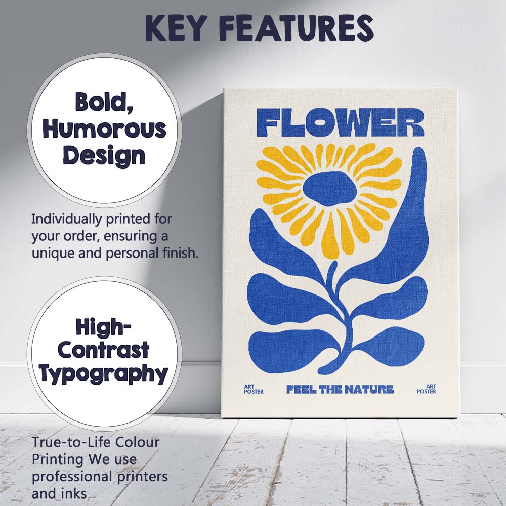Bold Blue Yellow Abstract Flower Nature Poster Canvas Wall Art Print Decor Picture Ready to Hang