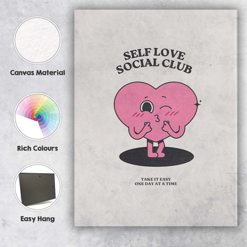 Cute Pink Heart Self Love Social Club Typography Canvas Wall Art Print Decor Picture Ready to Hang