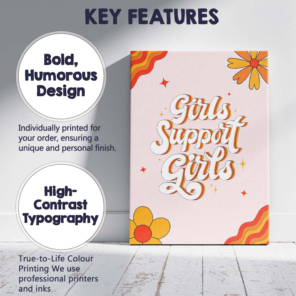 Retro Girls Support Girls Groovy Typography Floral Canvas Wall Art Print Decor Picture Ready to Hang