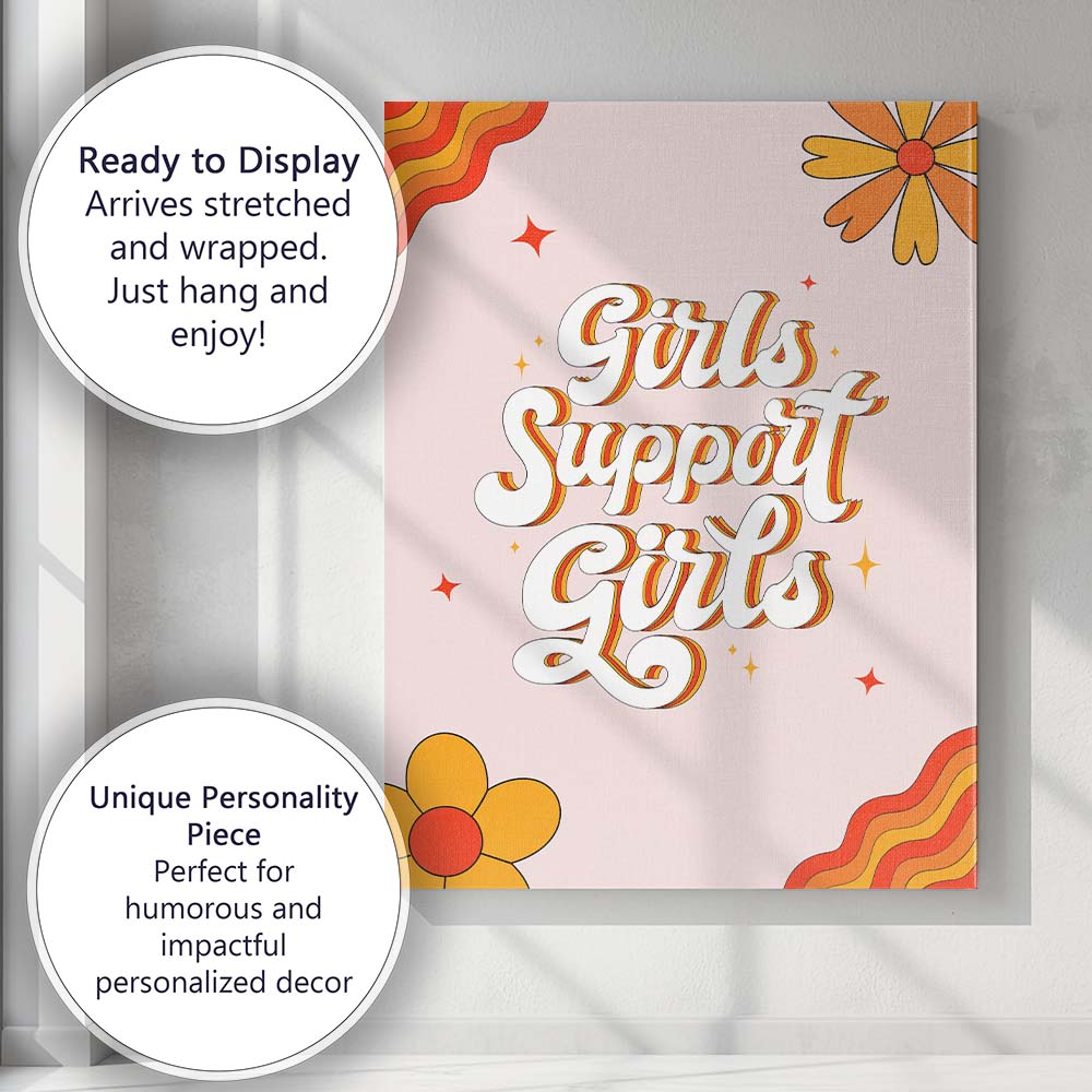 Retro Girls Support Girls Groovy Typography Floral Canvas Wall Art Print Decor Picture Ready to Hang