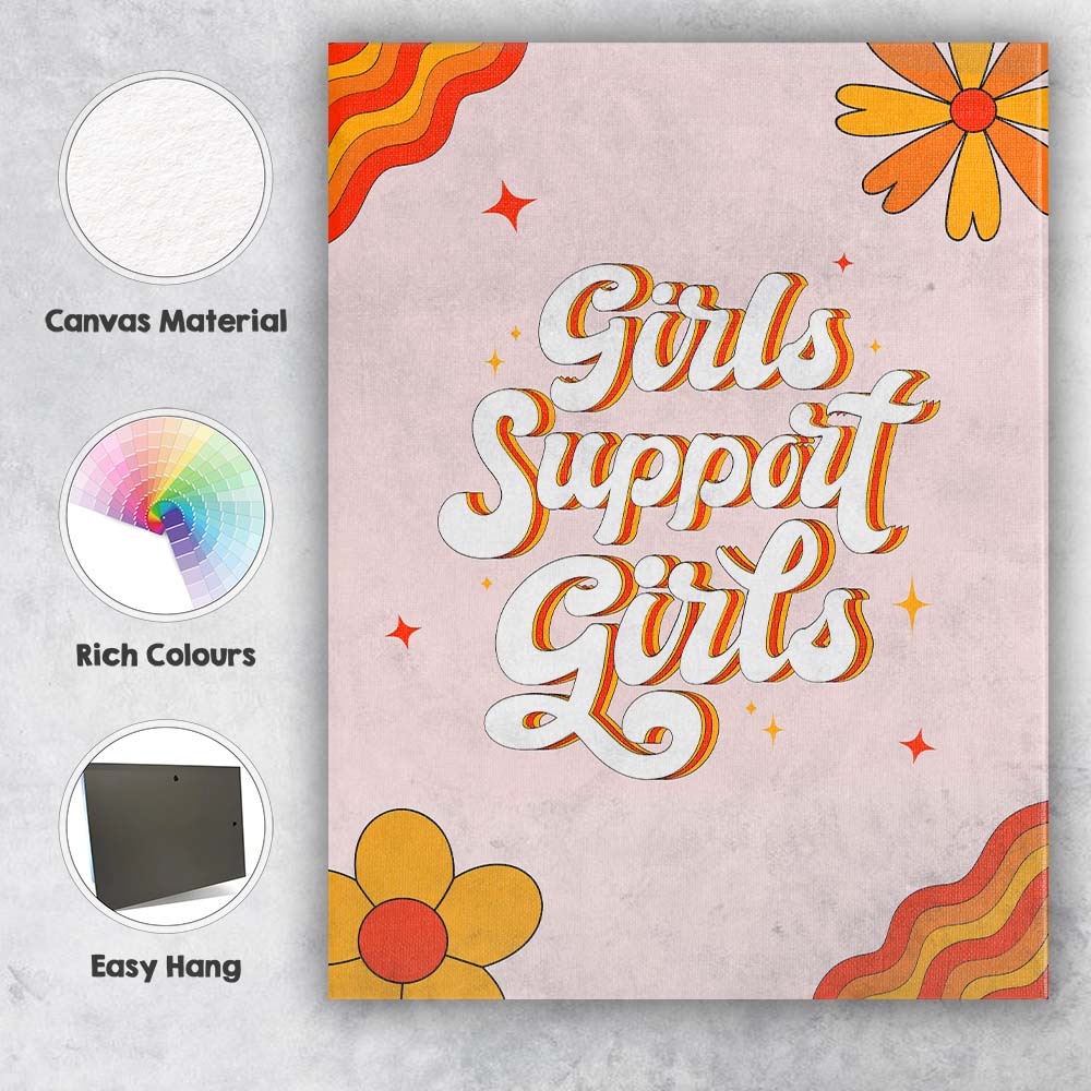Retro Girls Support Girls Groovy Typography Floral Canvas Wall Art Print Decor Picture Ready to Hang