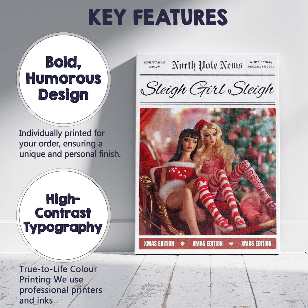 Sleigh Girl Sleigh Christmas Fashion Magazine Cover Canvas Wall Art Print Decor Picture Ready to Hang