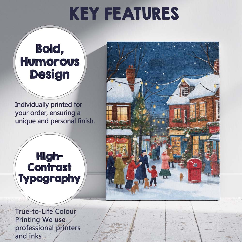 Cosy Christmas Village Snowy Winter Street Scene Canvas Wall Art Print Decor Picture Ready to Hang