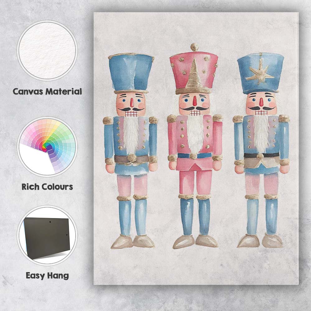 Pastel Watercolour Christmas Nutcracker Trio Festive Holiday Illustration Canvas Wall Art Print Decor Picture Ready to Hang