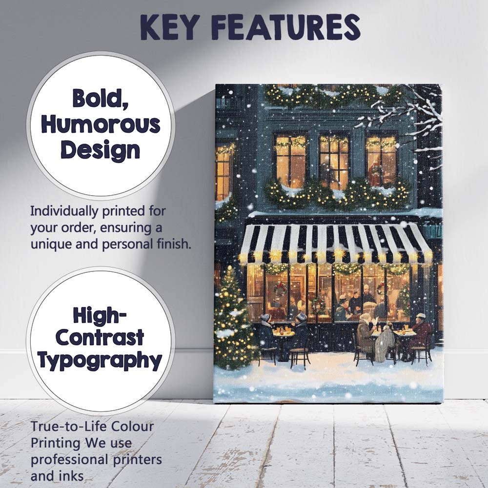 Cosy Snowy Christmas Cafe Festive Winter Street Evening Painting Canvas Wall Art Print Decor Picture Ready to Hang
