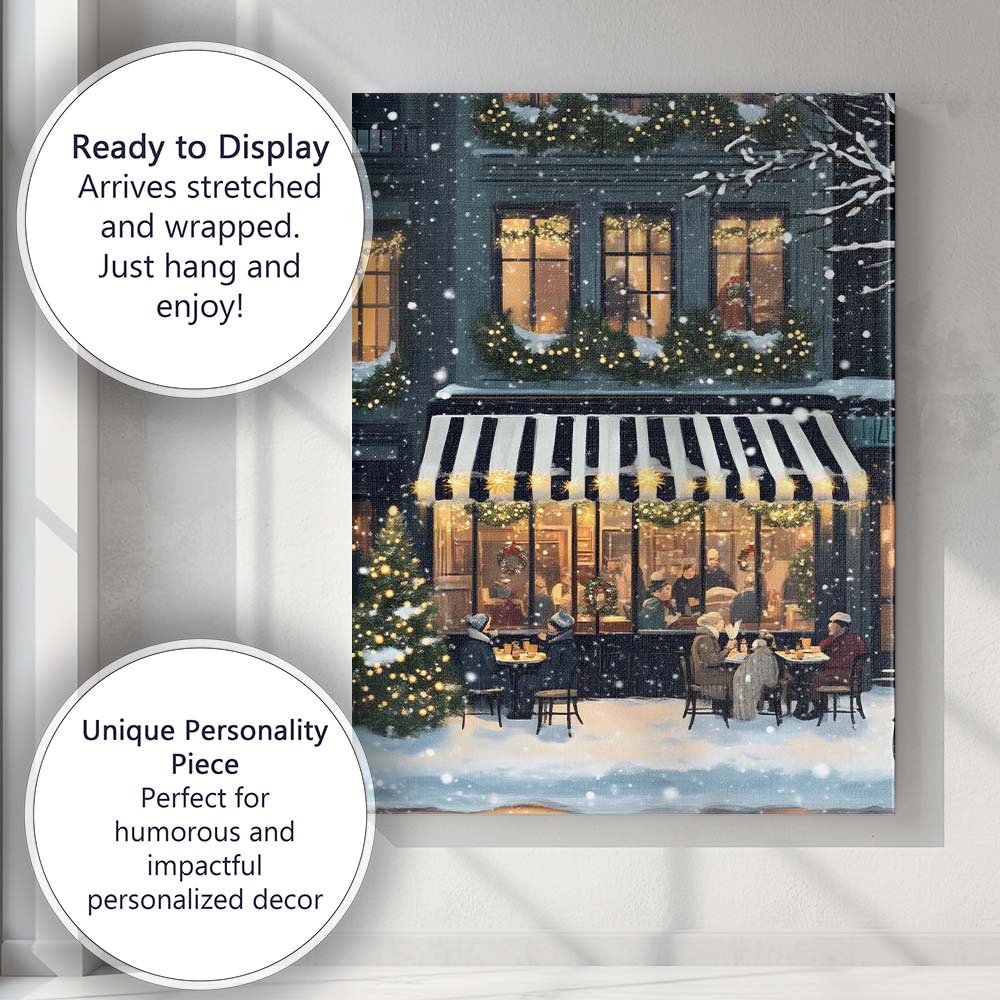 Cosy Snowy Christmas Cafe Festive Winter Street Evening Painting Canvas Wall Art Print Decor Picture Ready to Hang