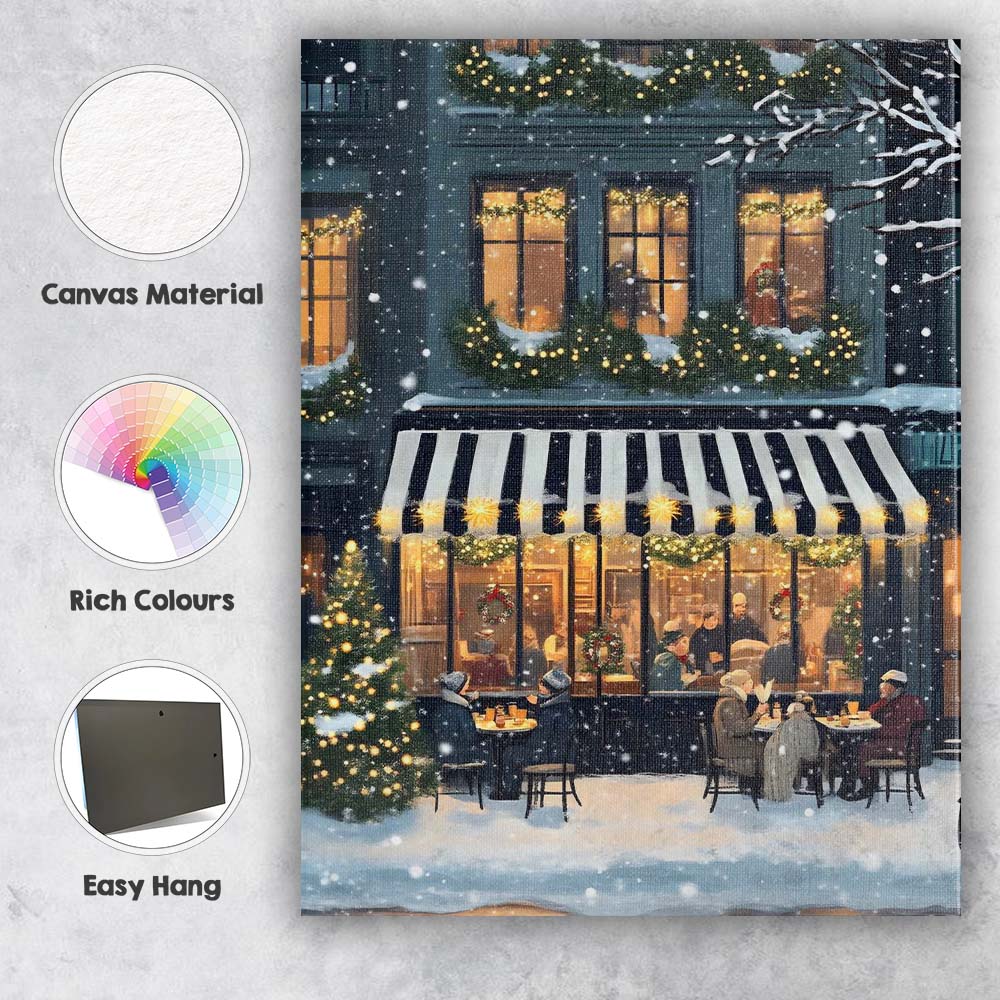 Cosy Snowy Christmas Cafe Festive Winter Street Evening Painting Canvas Wall Art Print Decor Picture Ready to Hang