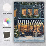 Cosy Snowy Christmas Cafe Festive Winter Street Evening Painting Canvas Wall Art Print Decor Picture Ready to Hang