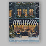 Cosy Snowy Christmas Cafe Festive Winter Street Evening Painting Canvas Wall Art Print Decor Picture Ready to Hang