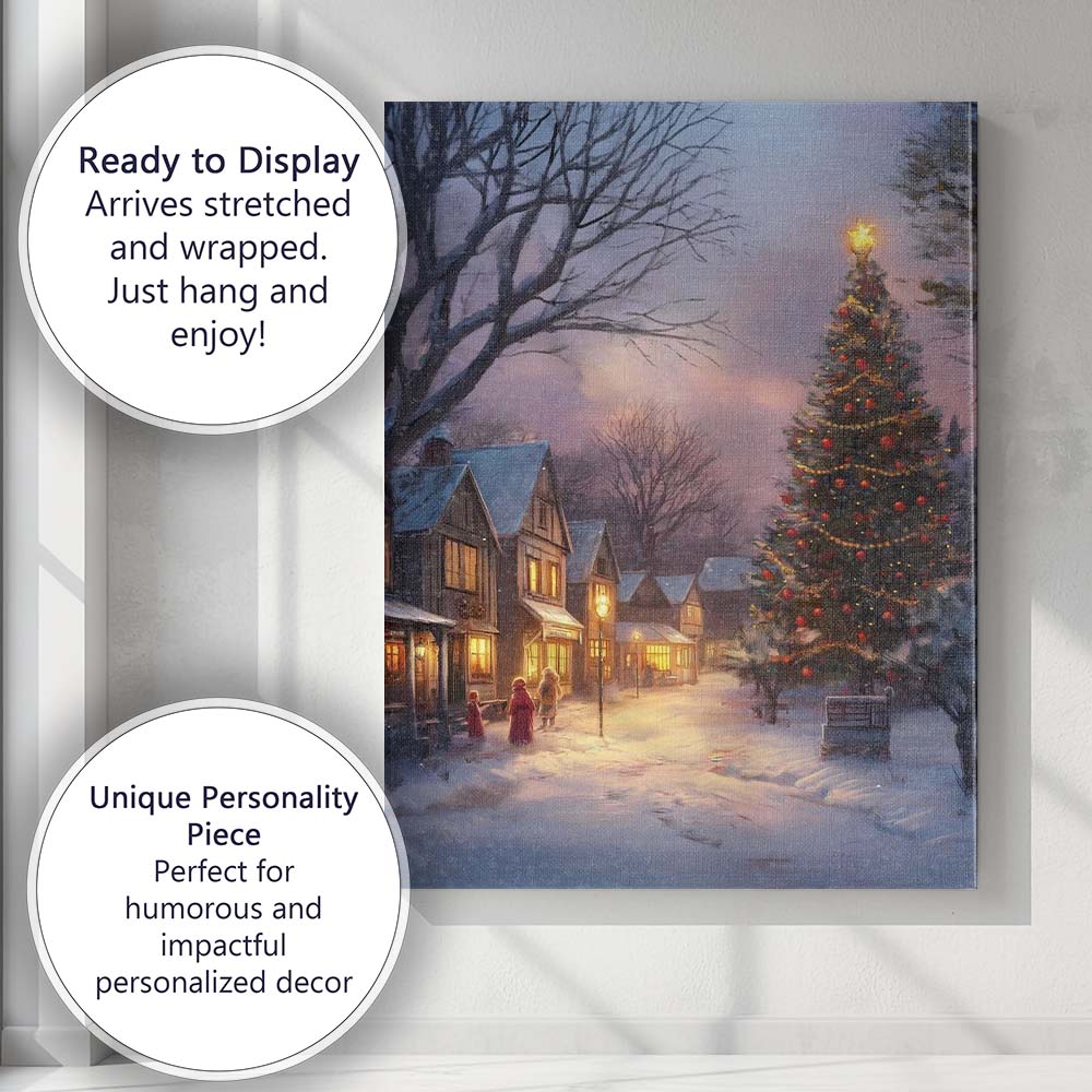 Enchanting Christmas Village Twilight Tree Snowy Winter Landscape Canvas Wall Art Print Decor Picture Ready to Hang