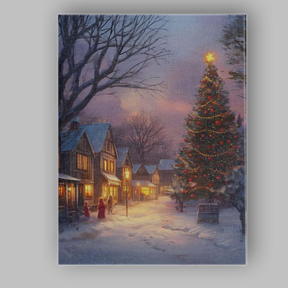 Enchanting Christmas Village Twilight Tree Snowy Winter Landscape Canvas Wall Art Print Decor Picture Ready to Hang