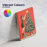 Retro Woman Decorating Christmas Tree Festive Mid Century Holiday Illustration Canvas Wall Art Print Decor Picture Ready to Hang