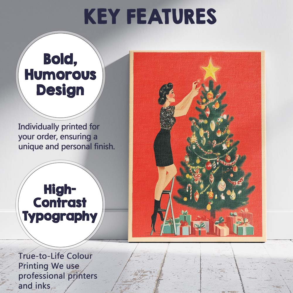 Retro Woman Decorating Christmas Tree Festive Mid Century Holiday Illustration Canvas Wall Art Print Decor Picture Ready to Hang