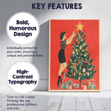 Retro Woman Decorating Christmas Tree Festive Mid Century Holiday Illustration Canvas Wall Art Print Decor Picture Ready to Hang