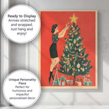 Retro Woman Decorating Christmas Tree Festive Mid Century Holiday Illustration Canvas Wall Art Print Decor Picture Ready to Hang