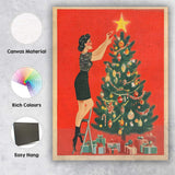 Retro Woman Decorating Christmas Tree Festive Mid Century Holiday Illustration Canvas Wall Art Print Decor Picture Ready to Hang