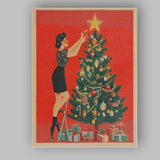 Retro Woman Decorating Christmas Tree Festive Mid Century Holiday Illustration Canvas Wall Art Print Decor Picture Ready to Hang
