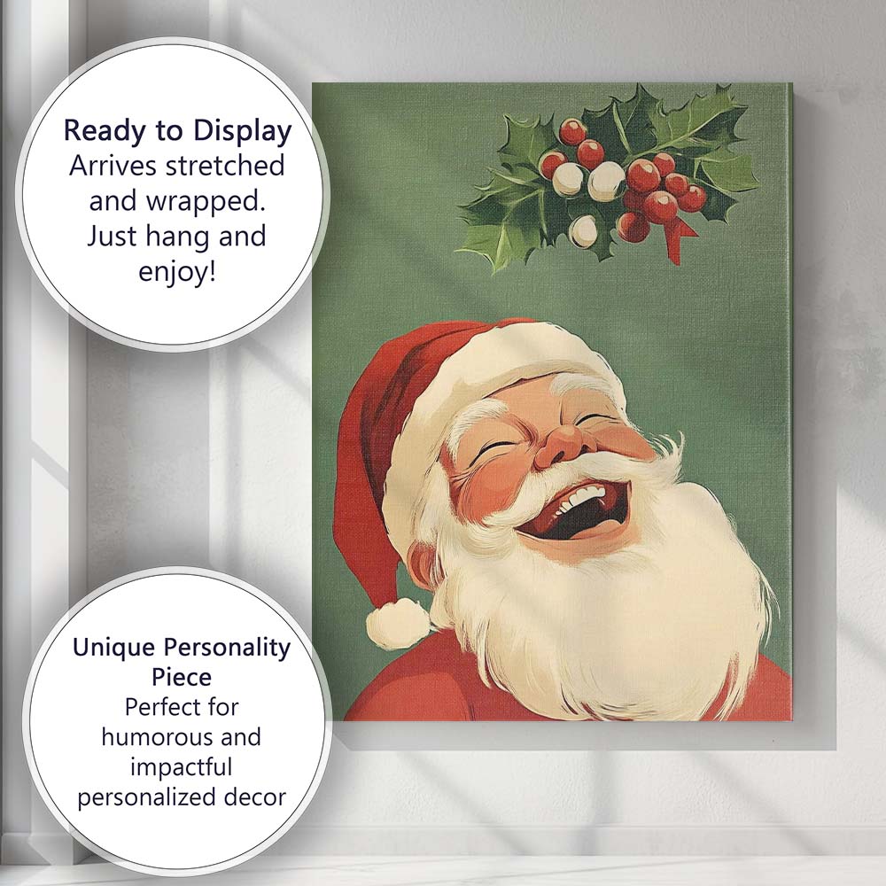 Cheerful Laughing Santa Claus Holly Berry Christmas Illustration Canvas Wall Art Print Decor Picture Ready to Hang