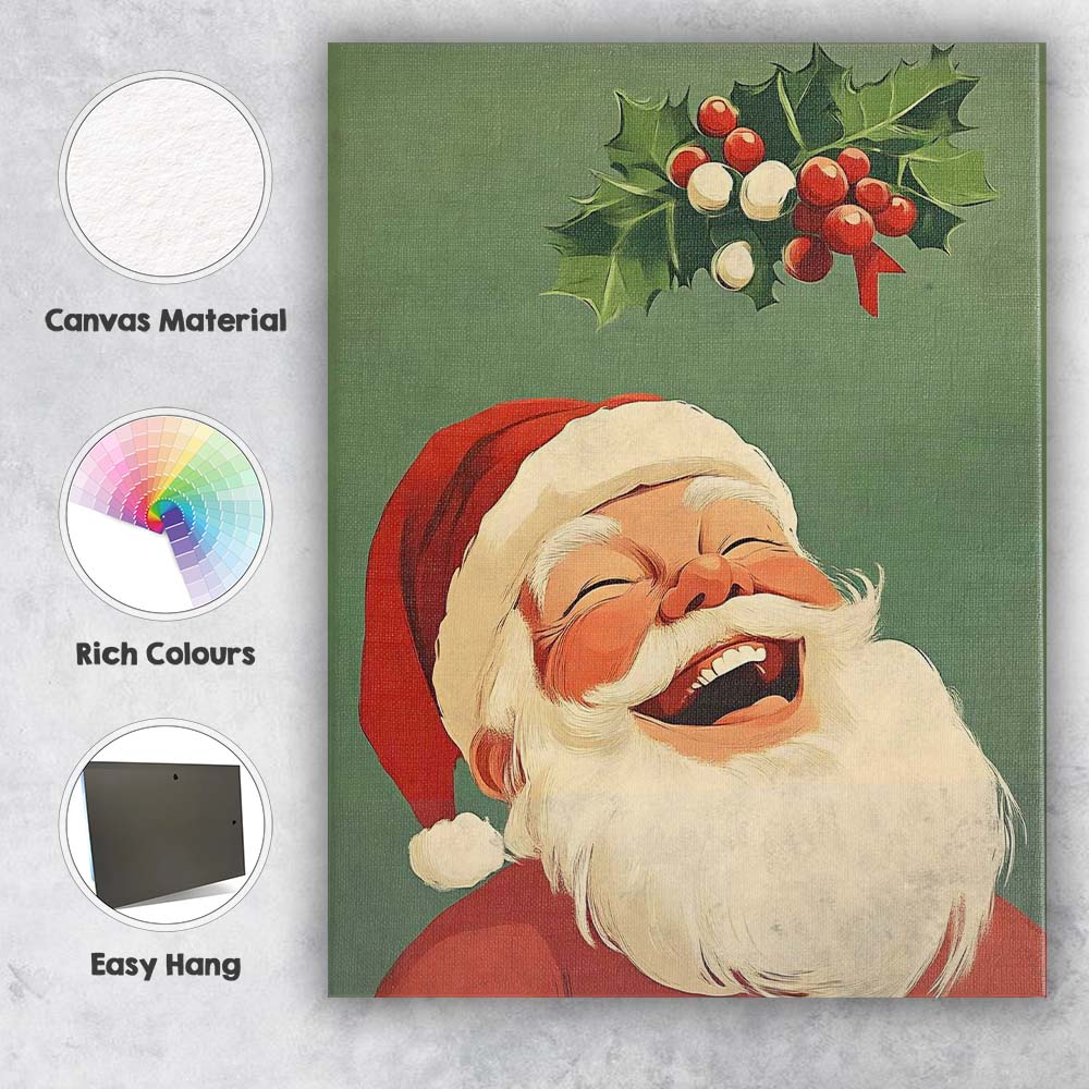 Cheerful Laughing Santa Claus Holly Berry Christmas Illustration Canvas Wall Art Print Decor Picture Ready to Hang