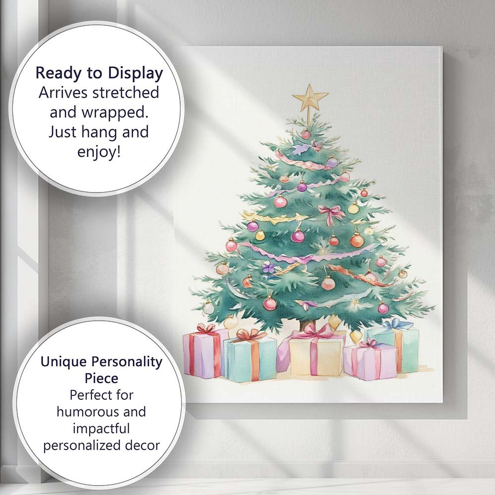 Pastel Watercolour Decorated Christmas Tree With Wrapped Gifts Illustration Canvas Wall Art Print Decor Picture Ready to Hang