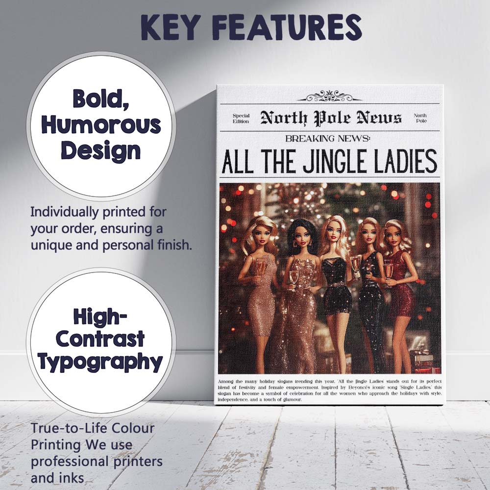 North Pole News All The Jingle Ladies Christmas Party Typography Canvas Wall Art Print Decor Picture Ready to Hang